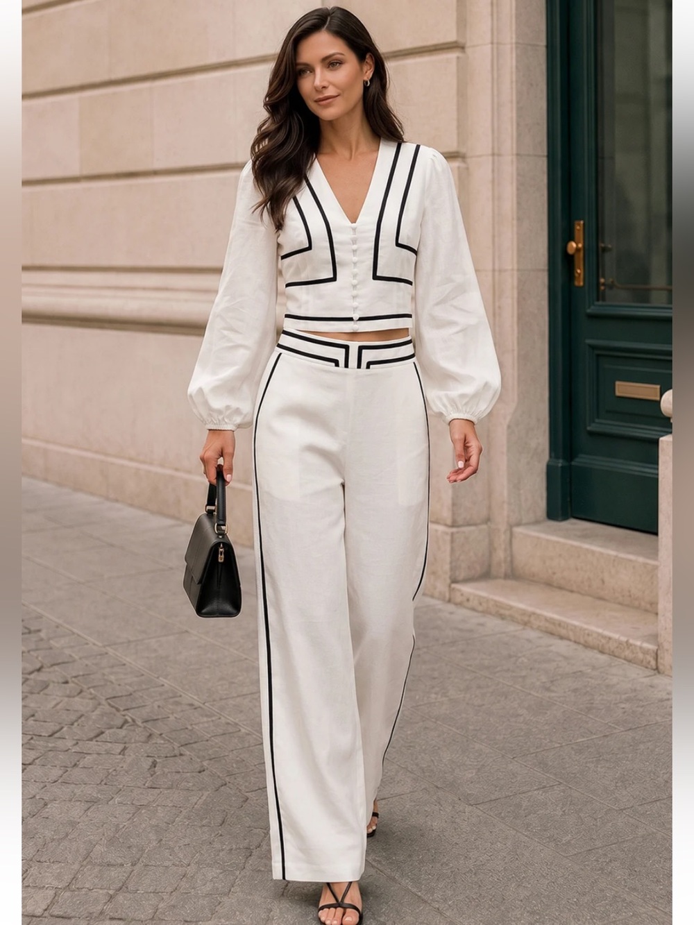 Commense Women’s 2pc Linen Wide-Leg Pants Set with Black Trim